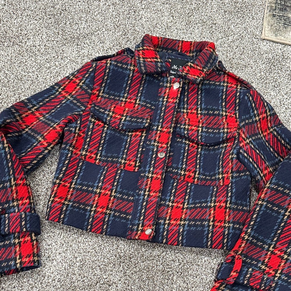 Me Jane Red and Blue Plaid Jacket Shacket Crop